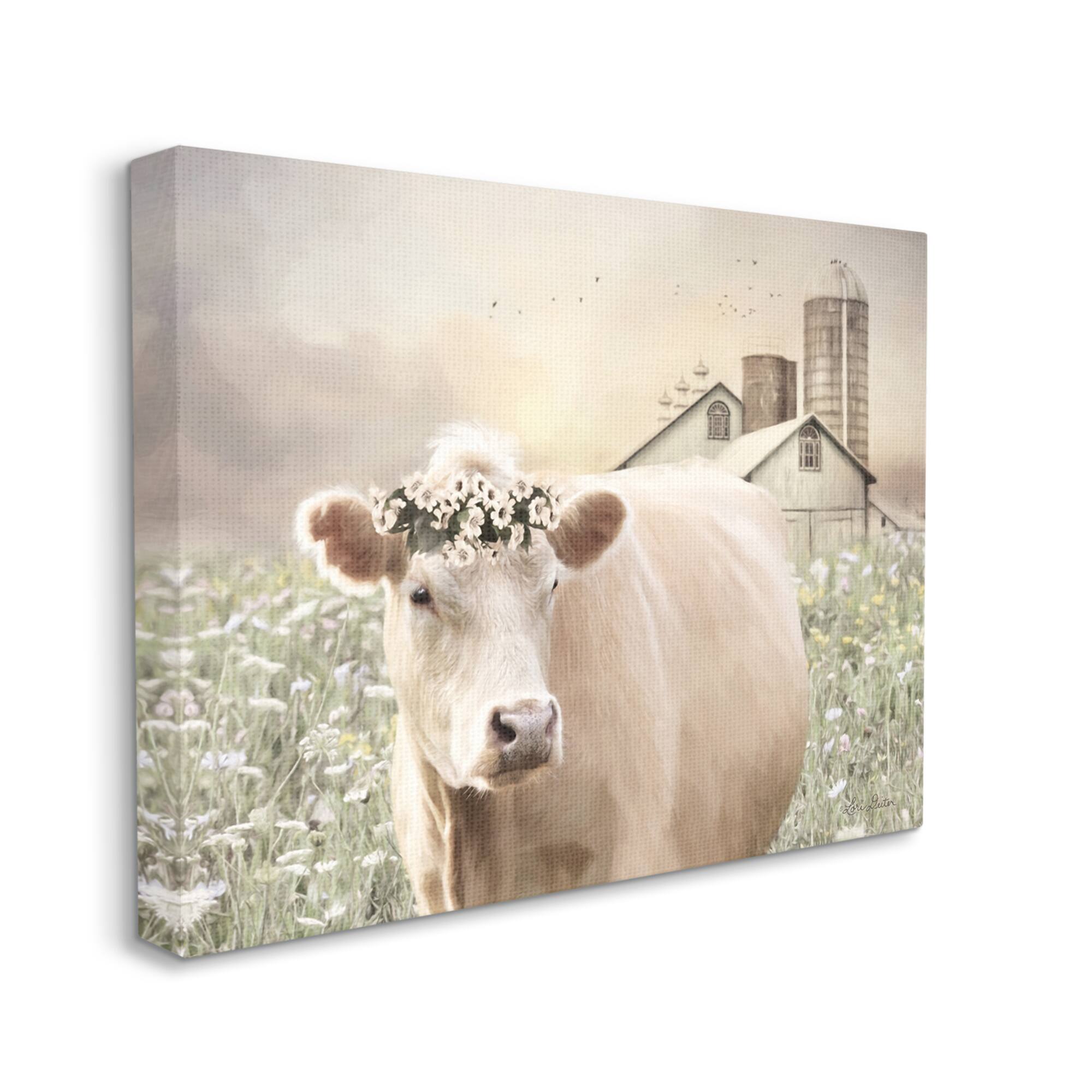 Stupell Industries Realistic Cow Floral Crown Tranquil Farm Field Canvas Wall Art